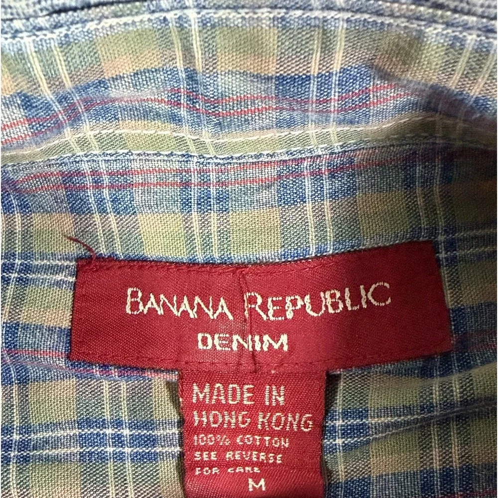 Vintage 90s Banana Republic Denim Shirt Button Up Plaid Accent Men's Size Medium